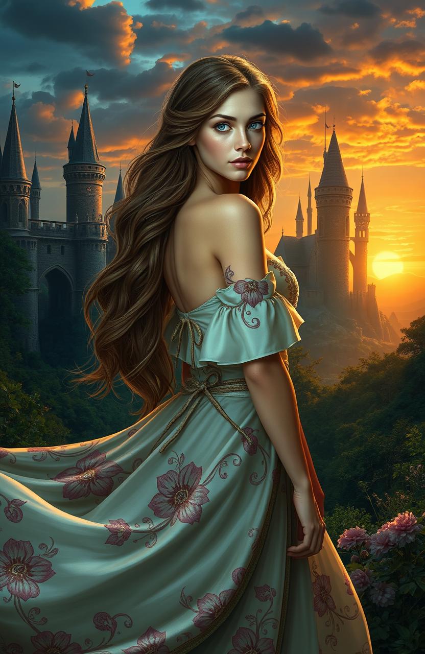 A captivating fantasy scene depicting a beautiful damsel in distress, set in an enchanting medieval landscape