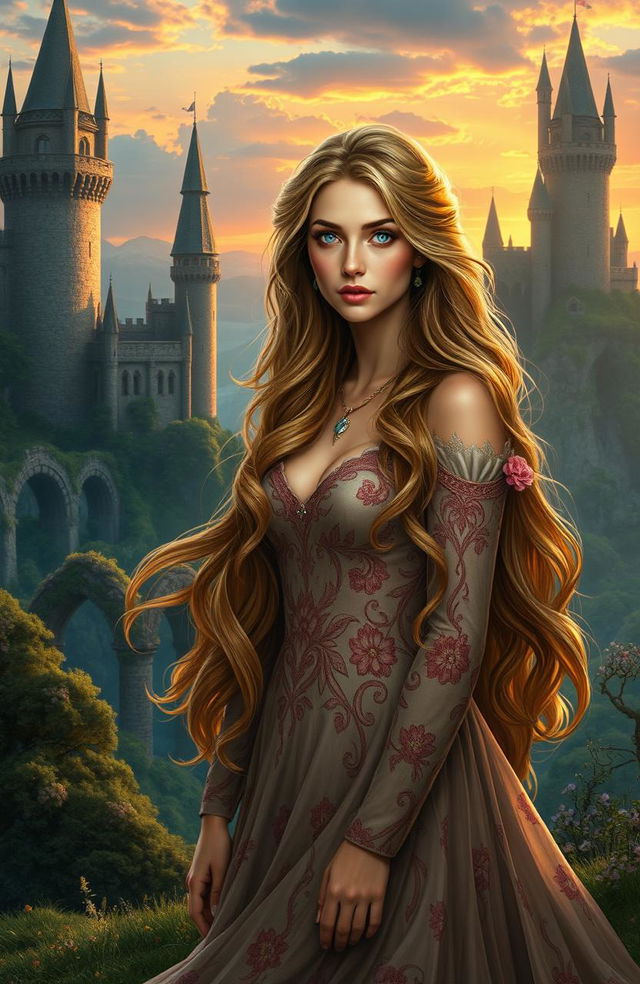 A captivating fantasy scene depicting a beautiful damsel in distress, set in an enchanting medieval landscape