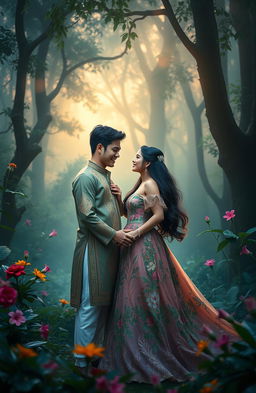 A romantic scene between two lovers, Malakas and Maganda, set in a mystical forest, bathed in the soft glow of twilight