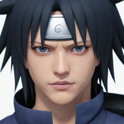 Adjust the previous image by removing the headband and any facial markings from Sasuke. His eyes should be deep black, offering a stark contrast to his pale skin.