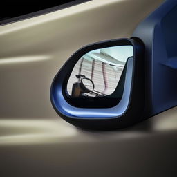 Right side mirror of the driver's cabin in a state-of-the-art, futuristic van, exhibiting advanced design and technology.