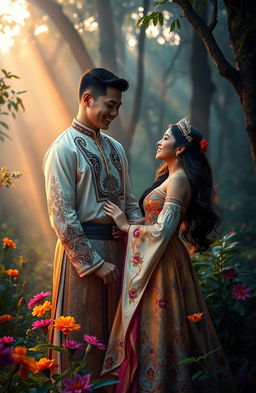 A romantic scene between two lovers, Malakas and Maganda, set in a mystical forest, bathed in the soft glow of twilight