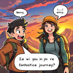A dynamic and adventurous scene featuring a male character named Benny, with an excited expression, eagerly asking a female character if he can join her on a fantastic journey