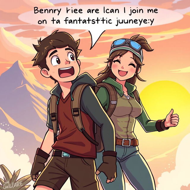 A dynamic and adventurous scene featuring a male character named Benny, with an excited expression, eagerly asking a female character if he can join her on a fantastic journey