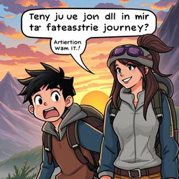 A dynamic and adventurous scene featuring a male character named Benny, with an excited expression, eagerly asking a female character if he can join her on a fantastic journey