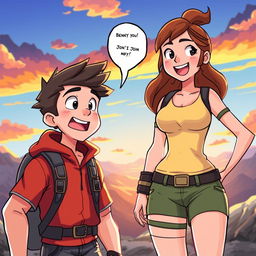 A dynamic and adventurous scene featuring a male character named Benny, with an excited expression, eagerly asking a female character if he can join her on a fantastic journey