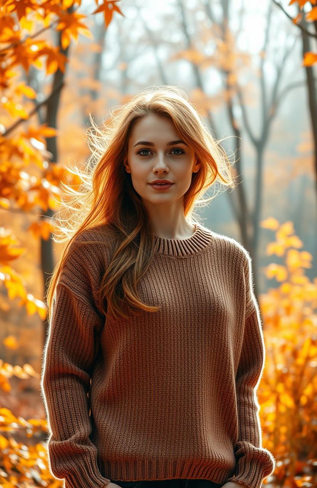 A stunning book cover featuring a beautiful woman with flowing auburn hair standing in an enchanting autumn forest