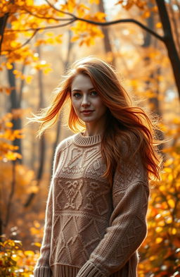A stunning book cover featuring a beautiful woman with flowing auburn hair standing in an enchanting autumn forest