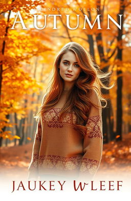 A stunning book cover featuring a beautiful woman with flowing auburn hair standing in an enchanting autumn forest