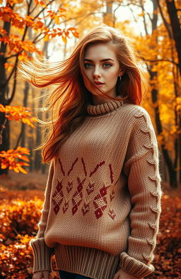A stunning book cover featuring a beautiful woman with flowing auburn hair standing in an enchanting autumn forest
