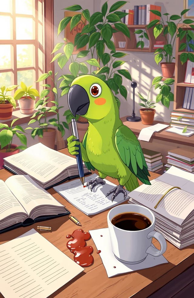 An illustrated scene featuring a mischievous parrot perched on a cluttered desk, surrounded by open books, scattered papers, and a cup of spilled coffee