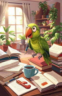 An illustrated scene featuring a mischievous parrot perched on a cluttered desk, surrounded by open books, scattered papers, and a cup of spilled coffee