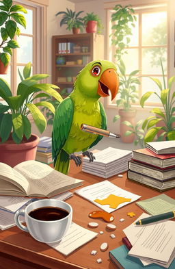 An illustrated scene featuring a mischievous parrot perched on a cluttered desk, surrounded by open books, scattered papers, and a cup of spilled coffee