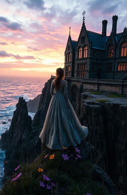 A romantic mystery scene set in a grand manor house perched on jagged cliffs overlooking a turbulent sea, captured during twilight