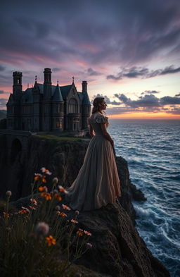 A romantic mystery scene set in a grand manor house perched on jagged cliffs overlooking a turbulent sea, captured during twilight