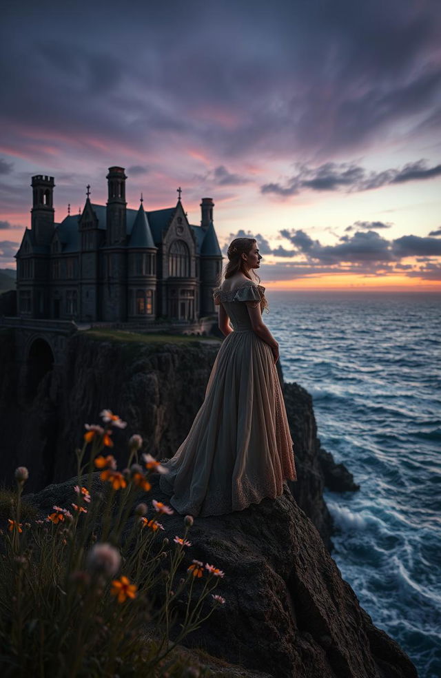 A romantic mystery scene set in a grand manor house perched on jagged cliffs overlooking a turbulent sea, captured during twilight