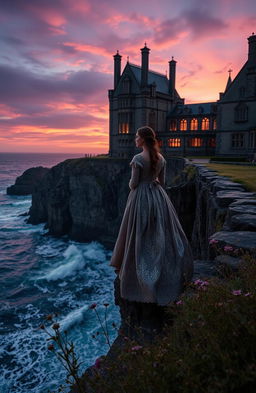 A romantic mystery scene set in a grand manor house perched on jagged cliffs overlooking a turbulent sea, captured during twilight
