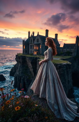 A romantic mystery scene set in a grand manor house perched on jagged cliffs overlooking a turbulent sea, captured during twilight