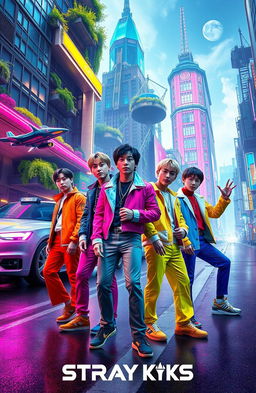 Stray Kids as their vibrant, alternate universe selves in a futuristic city