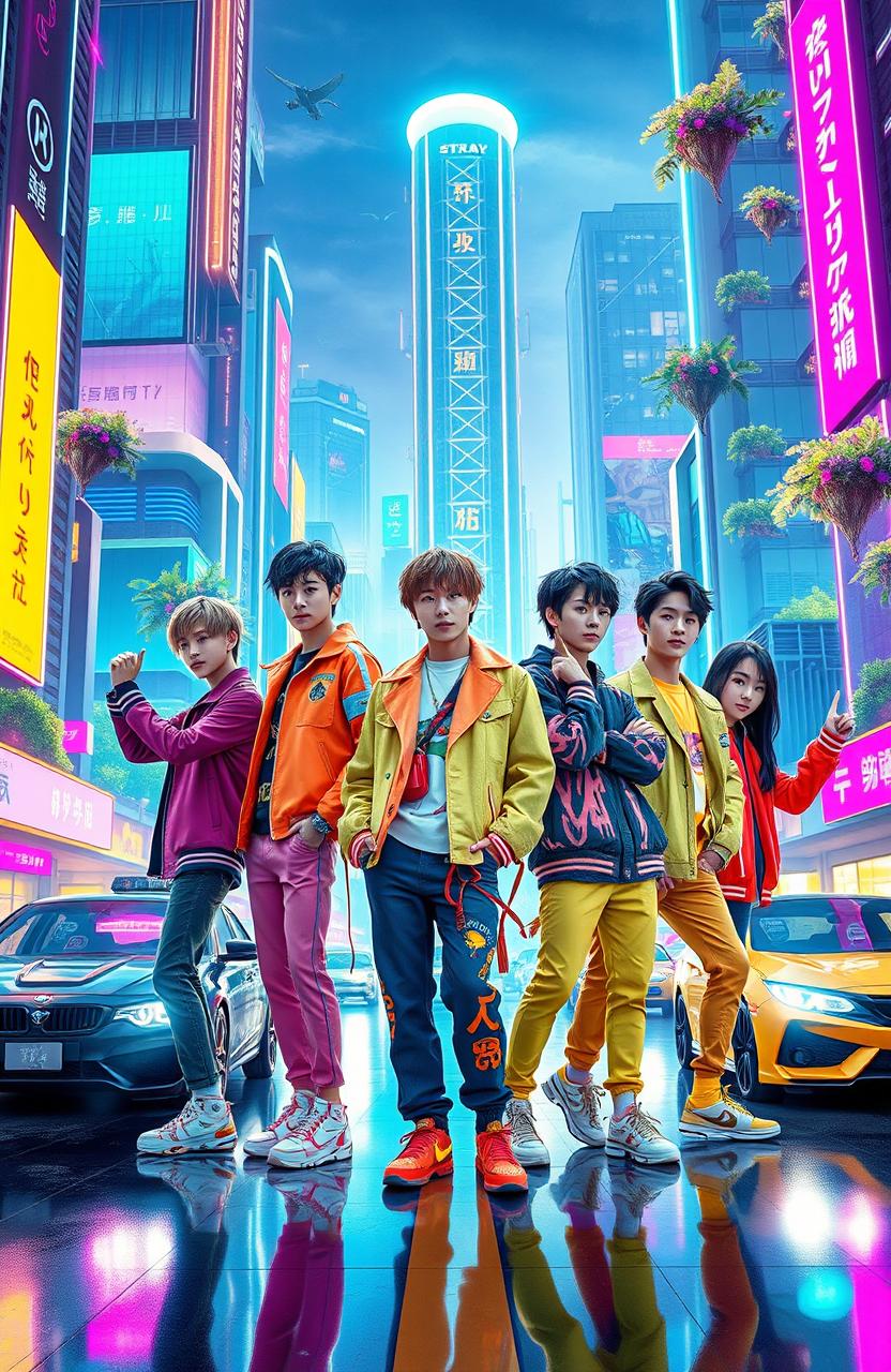 Stray Kids as their vibrant, alternate universe selves in a futuristic city