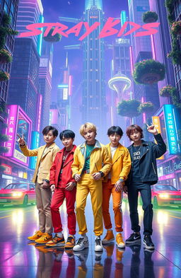 Stray Kids as their vibrant, alternate universe selves in a futuristic city