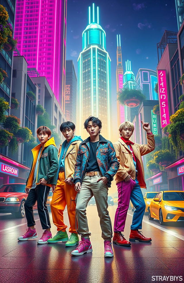 Stray Kids as their vibrant, alternate universe selves in a futuristic city