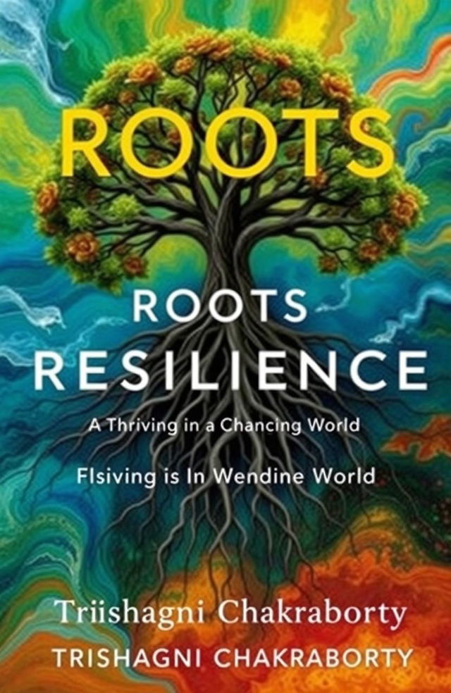 A visually captivating book cover for 'Roots of Resilience: Thriving in a Changing World' by Trishagni Chakraborty