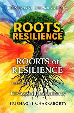 A visually captivating book cover for 'Roots of Resilience: Thriving in a Changing World' by Trishagni Chakraborty