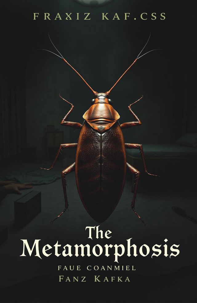 A unique book cover design for 'The Metamorphosis' by Franz Kafka, featuring Gregor Samsa transformed into a large cockroach