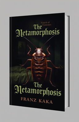 A unique book cover design for 'The Metamorphosis' by Franz Kafka, featuring Gregor Samsa transformed into a large cockroach