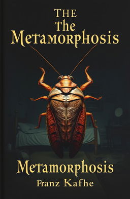 A unique book cover design for 'The Metamorphosis' by Franz Kafka, featuring Gregor Samsa transformed into a large cockroach