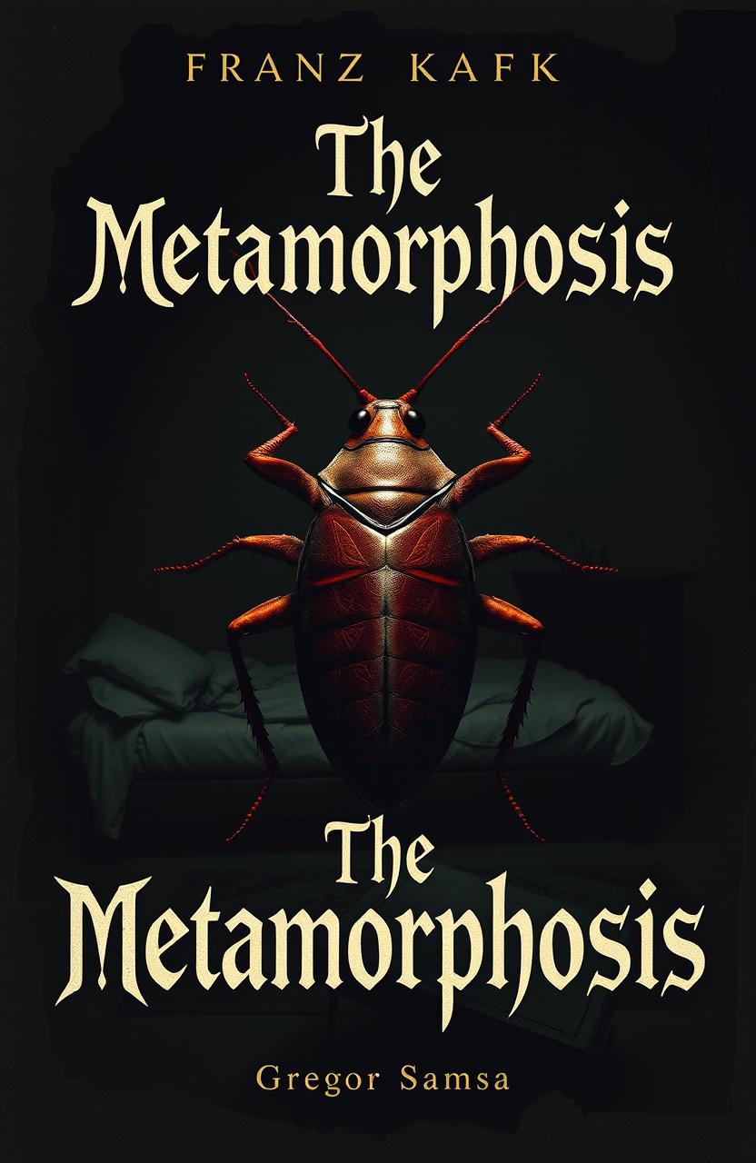 A unique book cover design for 'The Metamorphosis' by Franz Kafka, featuring Gregor Samsa transformed into a large cockroach