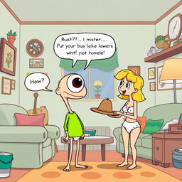 A whimsical cartoon illustration featuring Buster, the big-eyed boy with an eye humorously popped out of his head atop a long skinny neck, interacting with his mom in their lively home