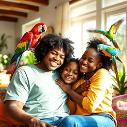 A joyful family scene featuring a black mother and father with their preteen black daughter and son, all smiling together in a sunny living room