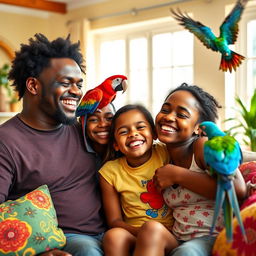 A joyful family scene featuring a black mother and father with their preteen black daughter and son, all smiling together in a sunny living room