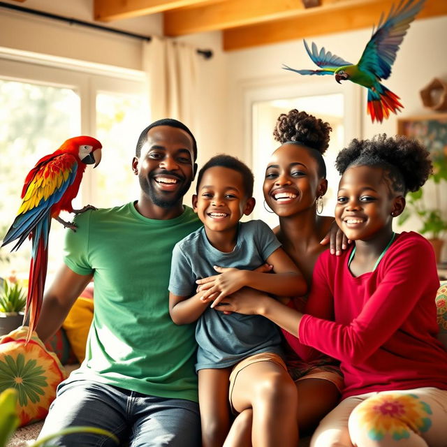 A joyful family scene featuring a black mother and father with their preteen black daughter and son, all smiling together in a sunny living room