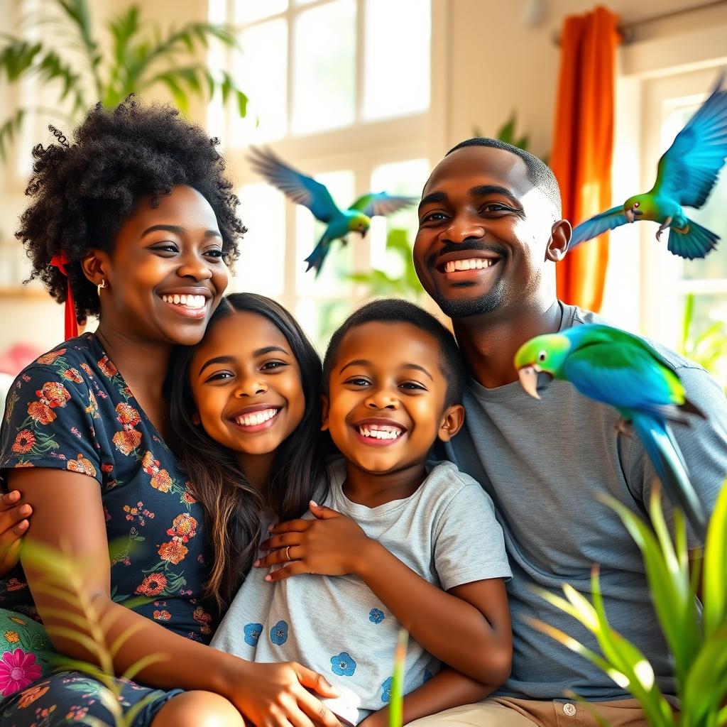 A joyful family scene featuring a black mother and father with their preteen black daughter and son, all smiling together in a sunny living room