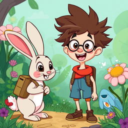 A colorful and whimsical cartoon scene depicting a friendly rabbit with large expressive eyes, wearing a small backpack, approaching a character named Benny, who is a quirky adventurer with wild hair and an excited expression