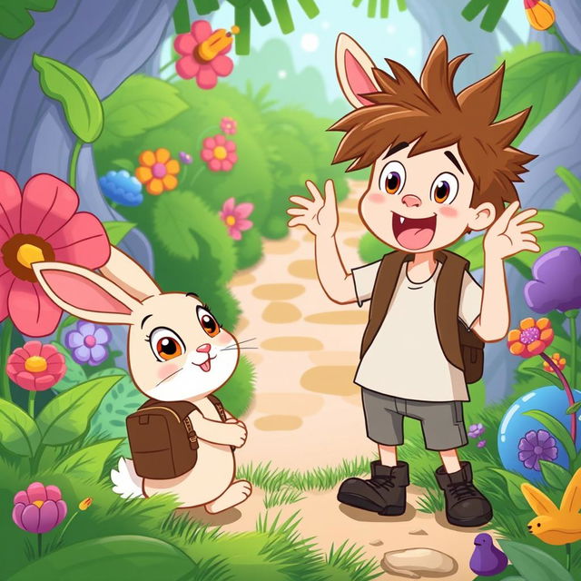 A colorful and whimsical cartoon scene depicting a friendly rabbit with large expressive eyes, wearing a small backpack, approaching a character named Benny, who is a quirky adventurer with wild hair and an excited expression