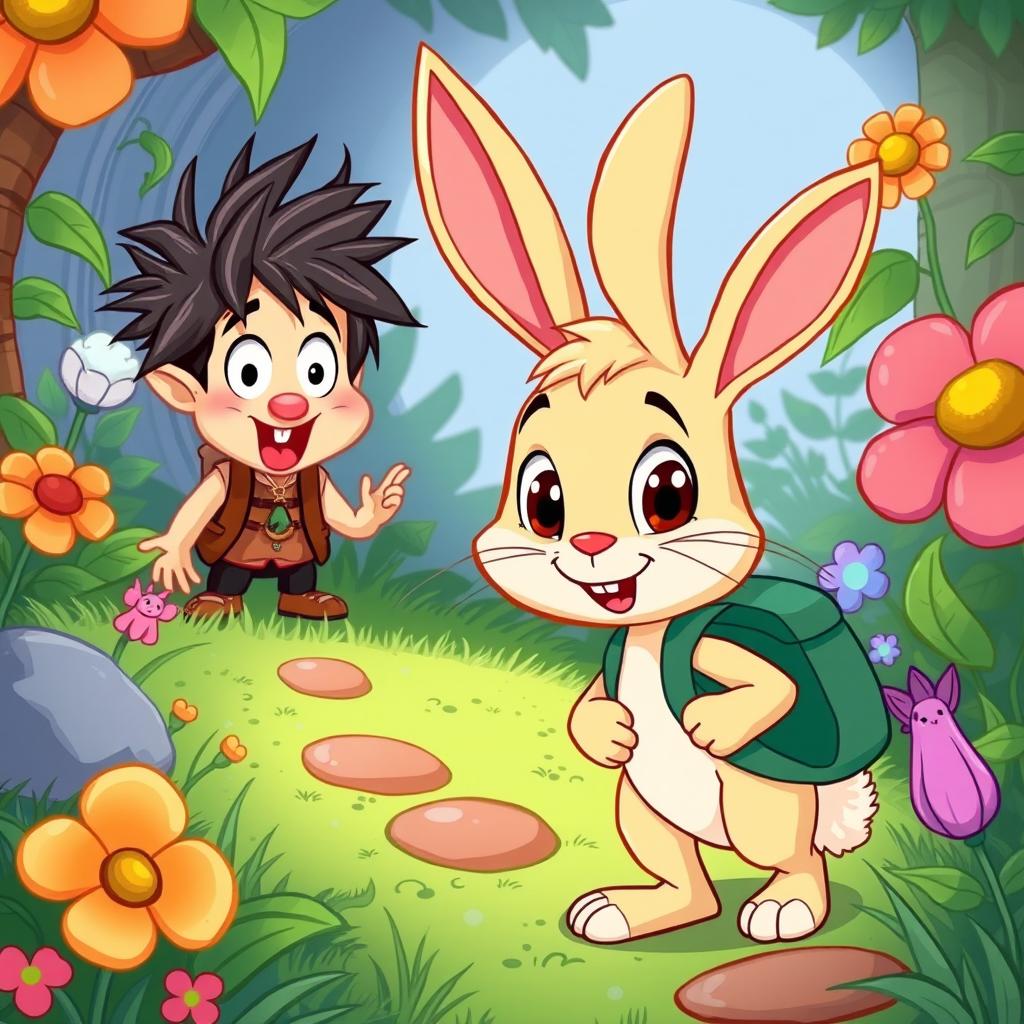 A colorful and whimsical cartoon scene depicting a friendly rabbit with large expressive eyes, wearing a small backpack, approaching a character named Benny, who is a quirky adventurer with wild hair and an excited expression