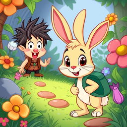 A colorful and whimsical cartoon scene depicting a friendly rabbit with large expressive eyes, wearing a small backpack, approaching a character named Benny, who is a quirky adventurer with wild hair and an excited expression