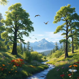 A serene landscape depicting a lush green forest with towering trees, dappled sunlight filtering through the leaves, a gentle stream flowing through the scene, and wildflowers blooming in a variety of colors