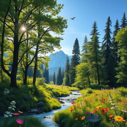 A serene landscape depicting a lush green forest with towering trees, dappled sunlight filtering through the leaves, a gentle stream flowing through the scene, and wildflowers blooming in a variety of colors