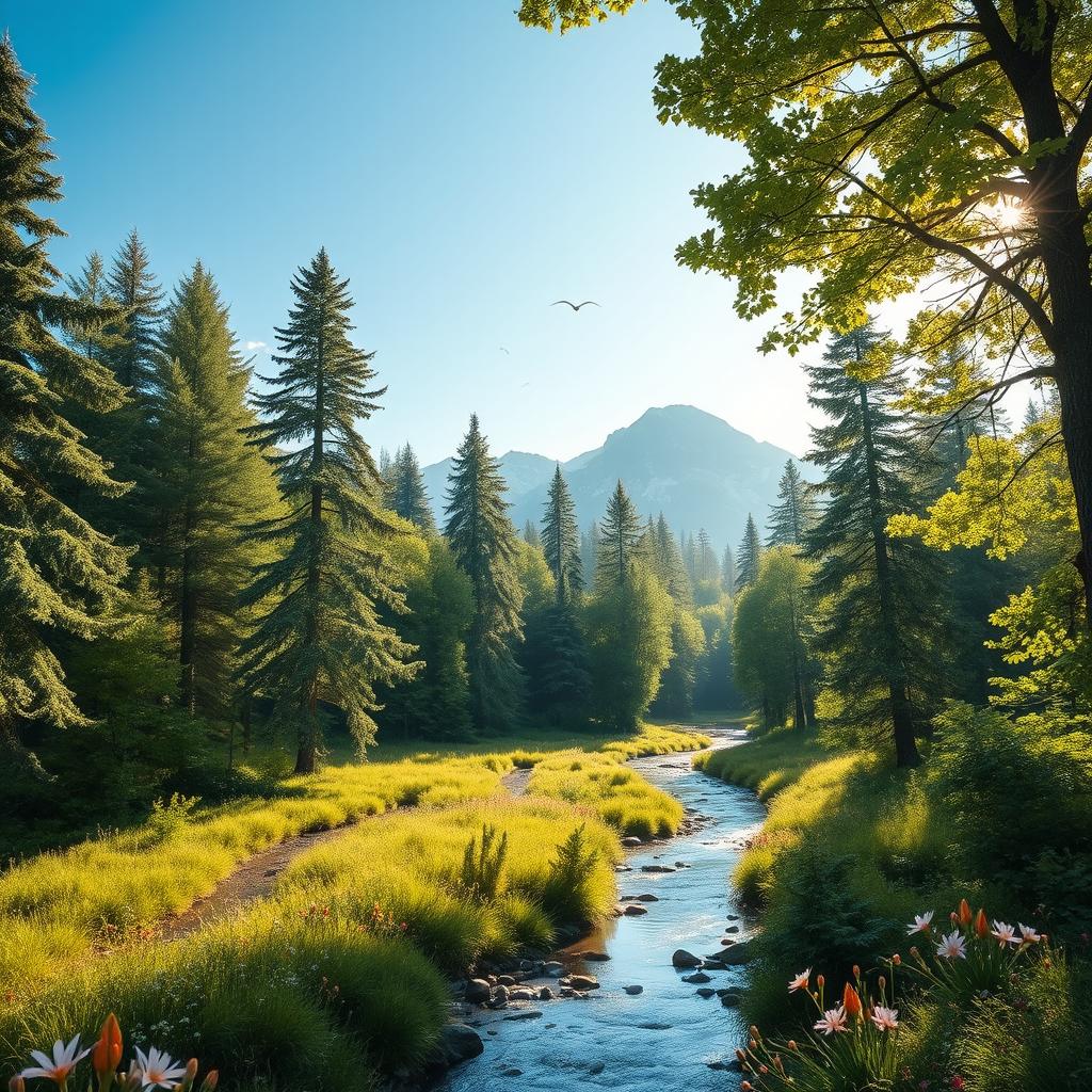 A serene landscape depicting a lush green forest with towering trees, dappled sunlight filtering through the leaves, a gentle stream flowing through the scene, and wildflowers blooming in a variety of colors