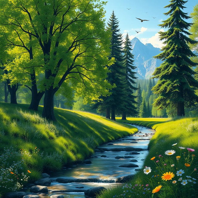 A serene landscape depicting a lush green forest with towering trees, dappled sunlight filtering through the leaves, a gentle stream flowing through the scene, and wildflowers blooming in a variety of colors