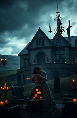A dramatic scene set in a grand, atmospheric mansion on a wild moor, capturing the essence of love and feuds reminiscent of Emily Bronte's writings