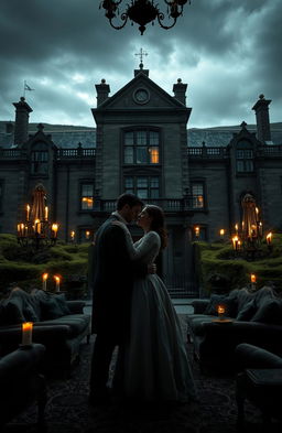 A dramatic scene set in a grand, atmospheric mansion on a wild moor, capturing the essence of love and feuds reminiscent of Emily Bronte's writings