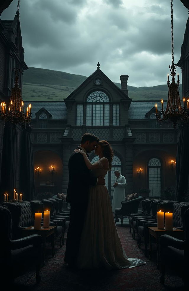 A dramatic scene set in a grand, atmospheric mansion on a wild moor, capturing the essence of love and feuds reminiscent of Emily Bronte's writings