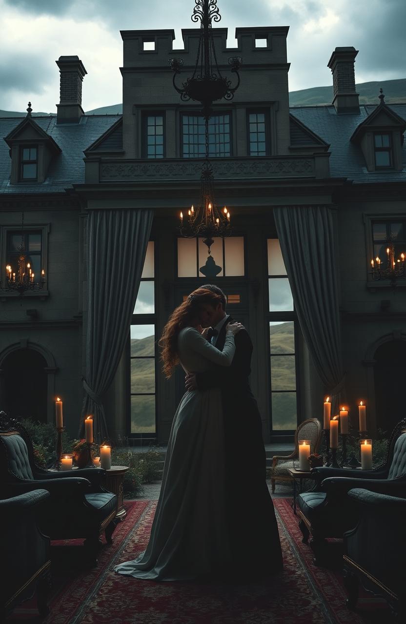 A dramatic scene set in a grand, atmospheric mansion on a wild moor, capturing the essence of love and feuds reminiscent of Emily Bronte's writings