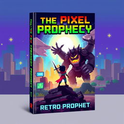 A dynamic book cover design for 'The Pixel Prophecy' by Retro Prophet